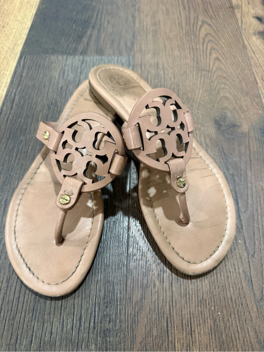 Tan Leather Cutout Thong Sandals
